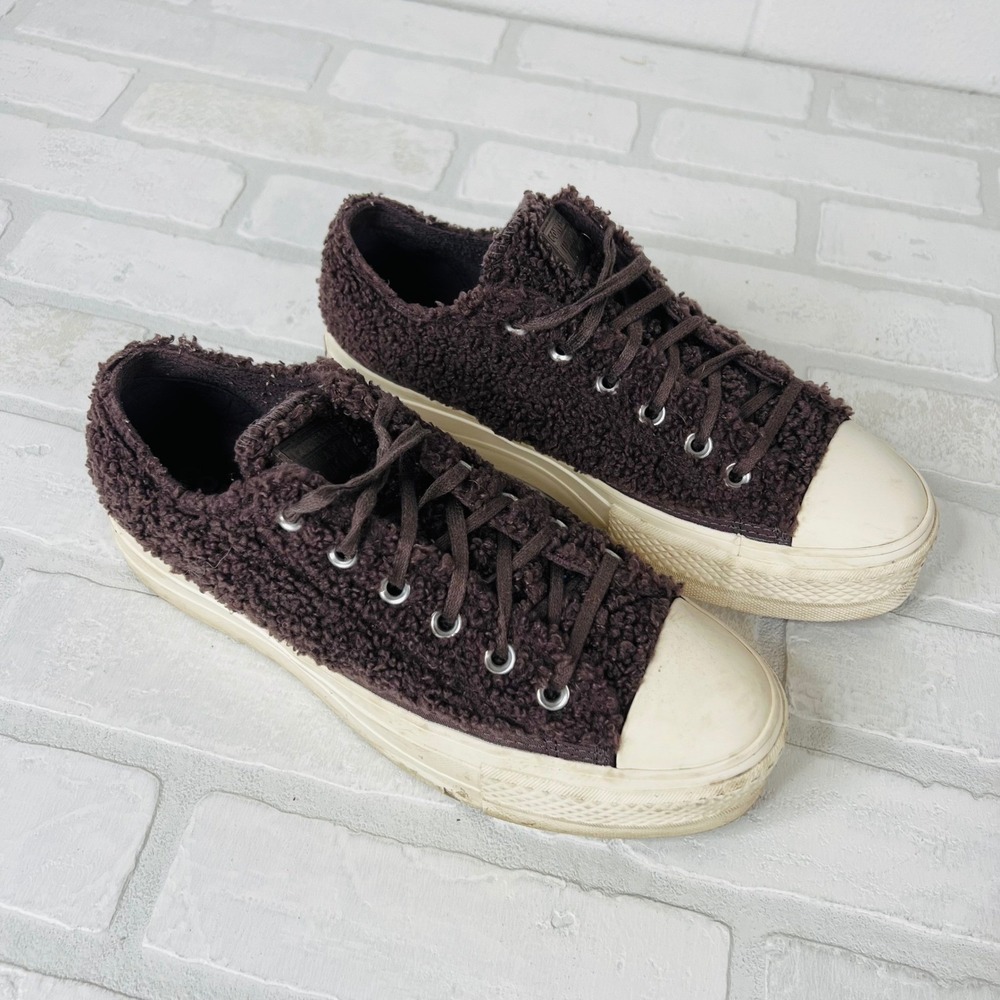 Converse All Star Platform Sherpa Fleece Low Top Sneakers Brown Womens 8
